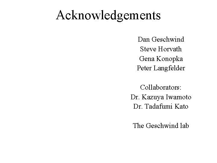 Acknowledgements Dan Geschwind Steve Horvath Gena Konopka Peter Langfelder Collaborators: Dr. Kazuya Iwamoto Dr.