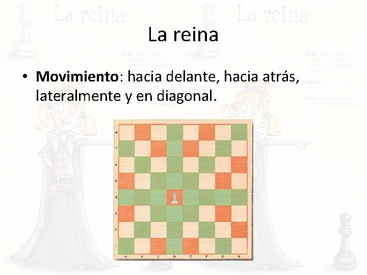 La reina • Movimiento: hacia delante, hacia atrás, lateralmente y en diagonal. La reina • Movimiento: hacia delante, hacia atrás, lateralmente y en diagonal.