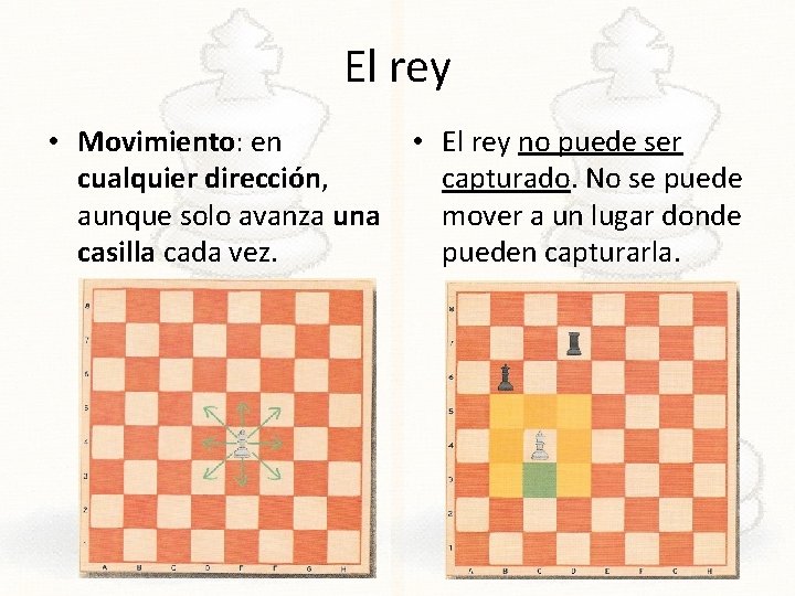 El rey • Movimiento: en • El rey no puede ser cualquier dirección, capturado.