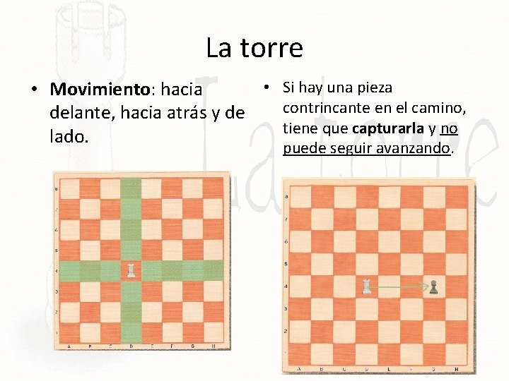 La torre • Si hay una pieza • Movimiento: hacia contrincante en el camino,