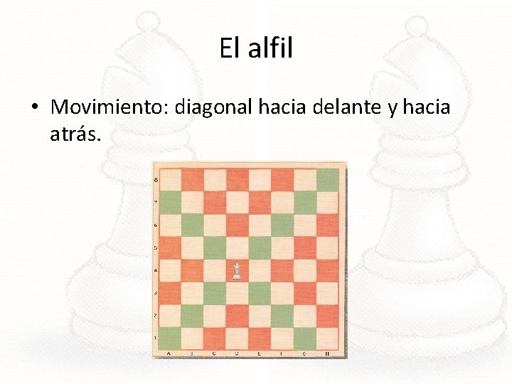 El alfil • Movimiento: diagonal hacia delante y hacia atrás. 