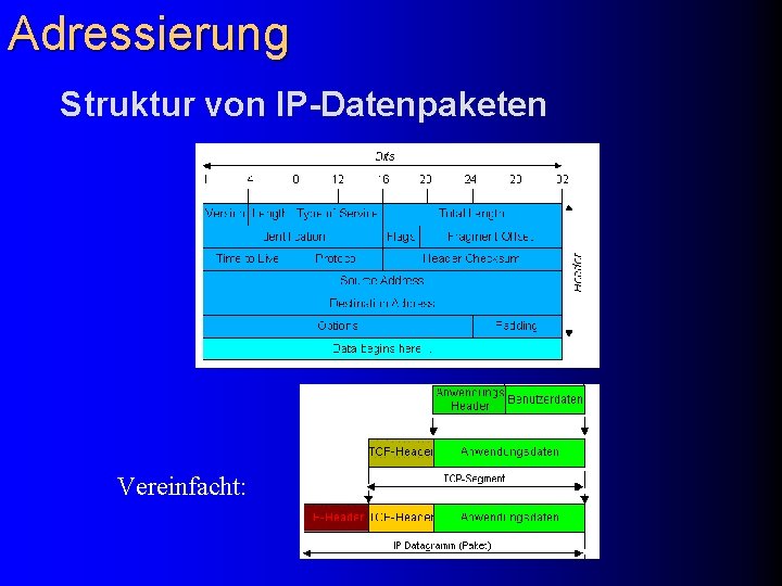 Adressierung Struktur von IP-Datenpaketen Vereinfacht: 