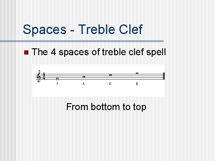 Spaces - Treble Clef n The 4 spaces of treble clef spell FACE From