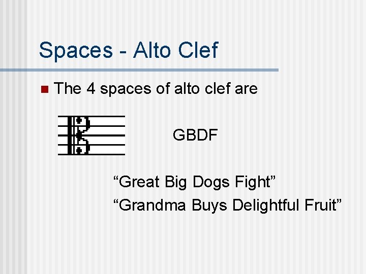 Spaces - Alto Clef n The 4 spaces of alto clef are GBDF “Great