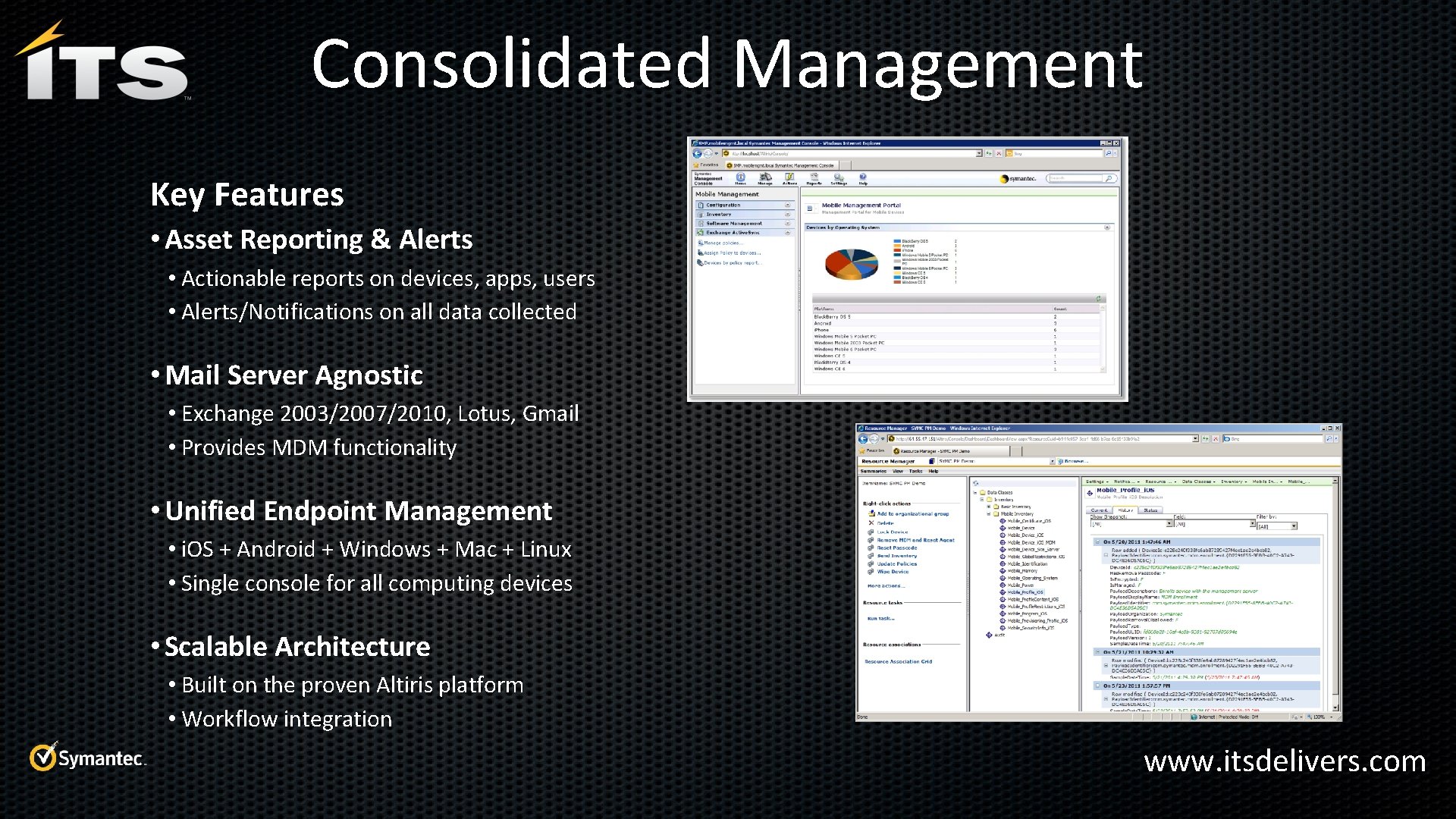 Consolidated Management Key Features • Asset Reporting & Alerts • Actionable reports on devices,