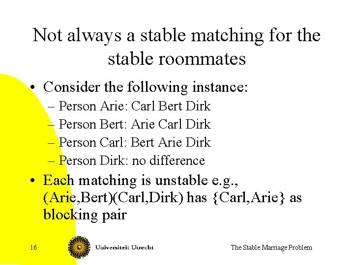 Not always a stable matching for the stable roommates • Consider the following instance: