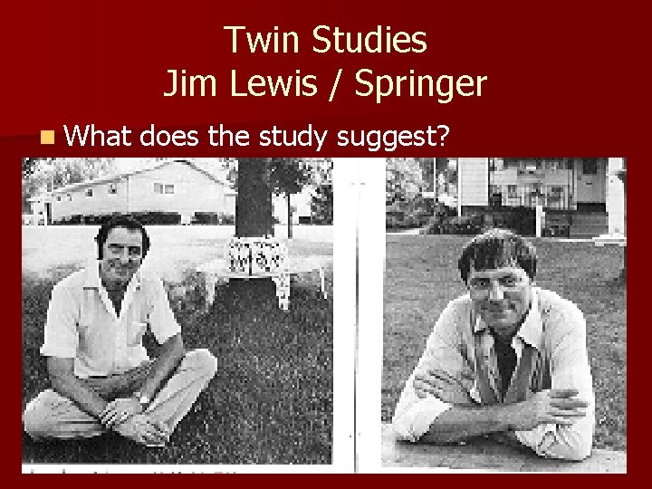 Twin Studies Jim Lewis / Springer n What does the study suggest? 
