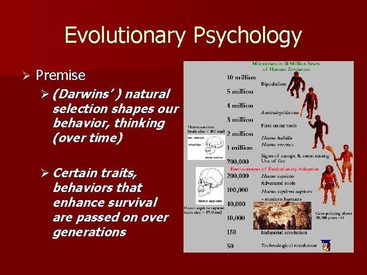 Evolutionary Psychology Ø Premise Ø (Darwins’ ) natural selection shapes our behavior, thinking (over