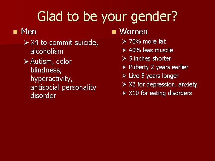 Glad to be your gender? n Men Ø X 4 to commit suicide, alcoholism