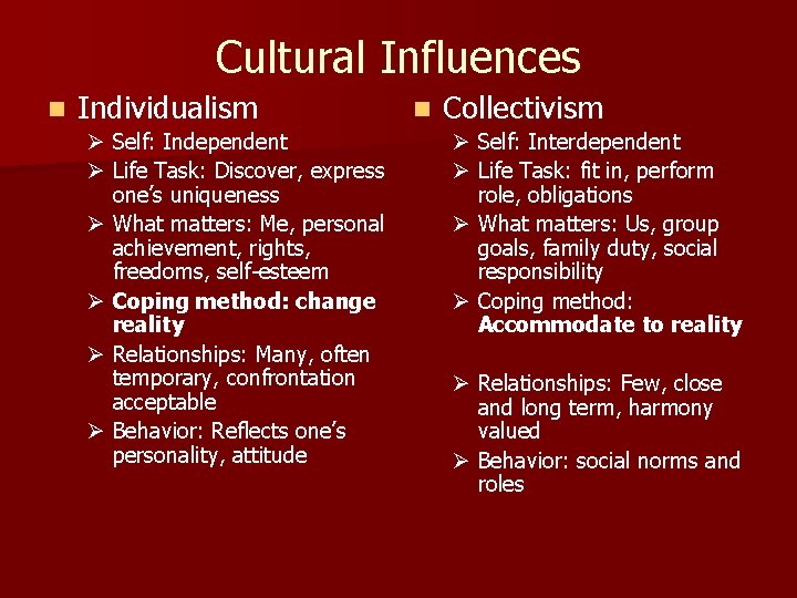 Cultural Influences n Individualism Ø Self: Independent Ø Life Task: Discover, express one’s uniqueness