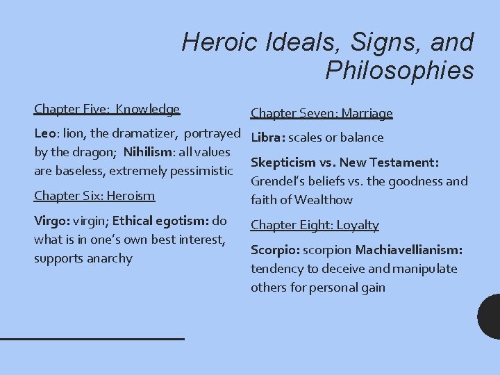 Heroic Ideals, Signs, and Philosophies Chapter Five: Knowledge Chapter Seven: Marriage Leo: lion, the