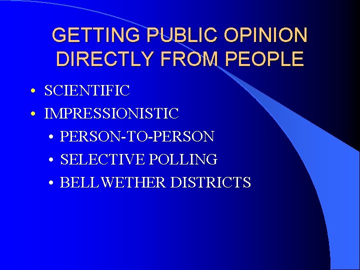 GETTING PUBLIC OPINION DIRECTLY FROM PEOPLE • SCIENTIFIC • IMPRESSIONISTIC • PERSON-TO-PERSON • SELECTIVE