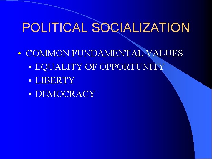 POLITICAL SOCIALIZATION • COMMON FUNDAMENTAL VALUES • EQUALITY OF OPPORTUNITY • LIBERTY • DEMOCRACY