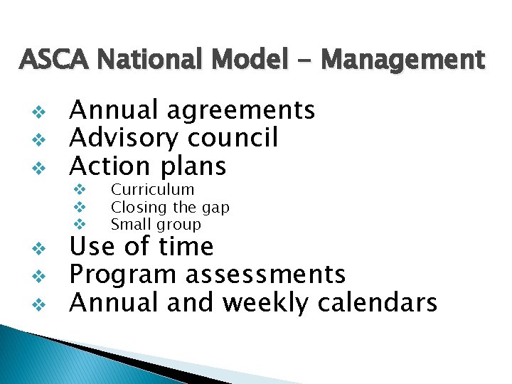 ASCA National Model - Management v v v Annual agreements Advisory council Action plans