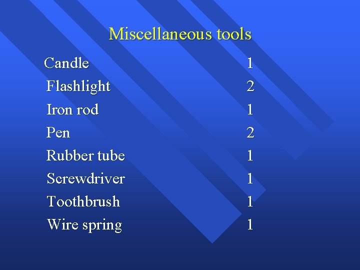 Miscellaneous tools Candle Flashlight Iron rod Pen Rubber tube Screwdriver Toothbrush Wire spring 1