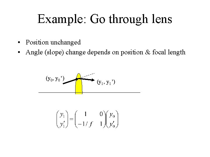 Example: Go through lens • Position unchanged • Angle (slope) change depends on position