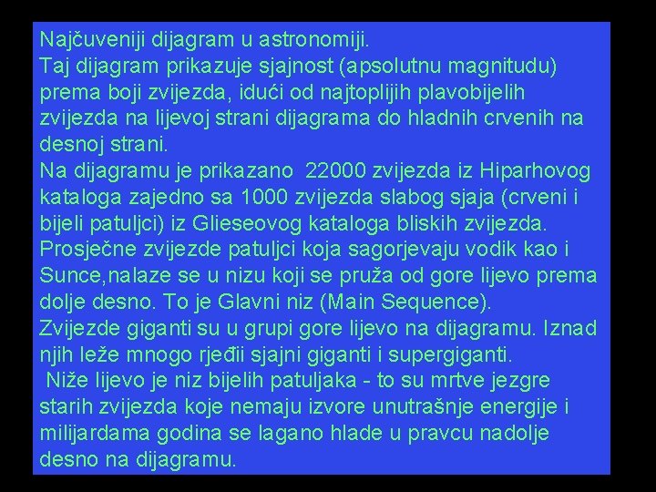 Najčuveniji dijagram u astronomiji. Taj dijagram prikazuje sjajnost (apsolutnu magnitudu) prema boji zvijezda, idući