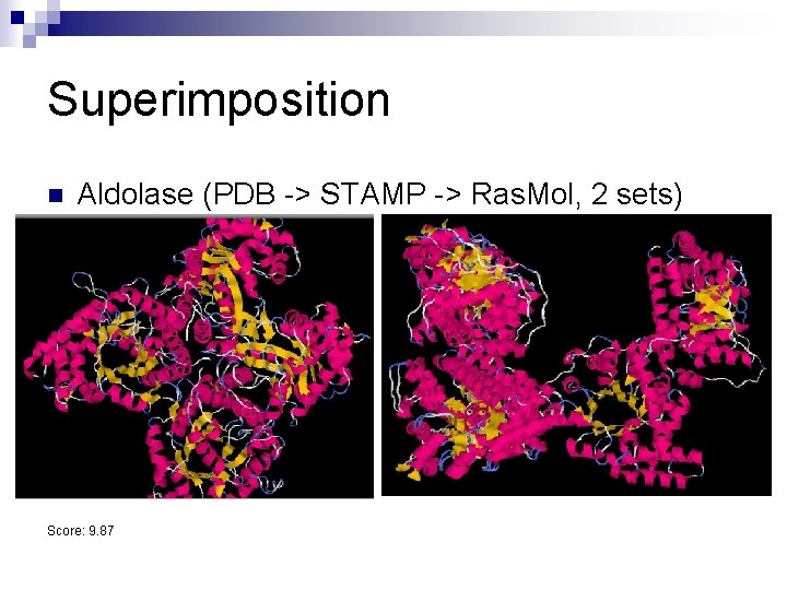 Superimposition n Aldolase (PDB -> STAMP -> Ras. Mol, 2 sets) Score: 9. 87