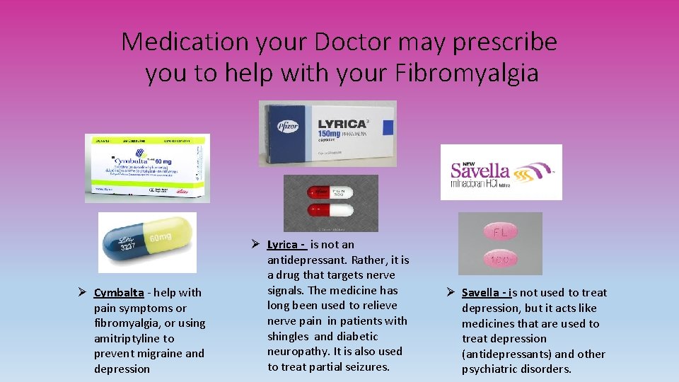 Medication your Doctor may prescribe you to help with your Fibromyalgia Ø Cymbalta -
