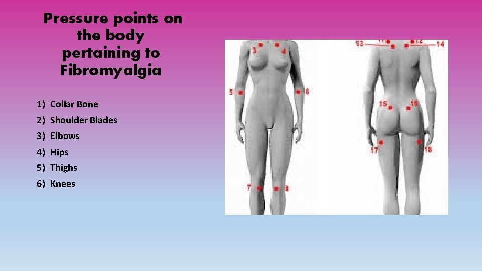 Pressure points on the body pertaining to Fibromyalgia 1) Collar Bone 2) Shoulder Blades