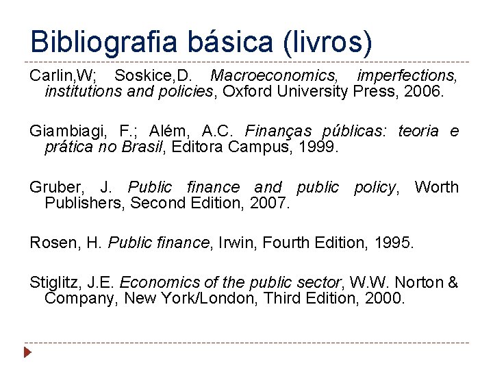 Bibliografia básica (livros) Carlin, W; Soskice, D. Macroeconomics, imperfections, institutions and policies, Oxford University