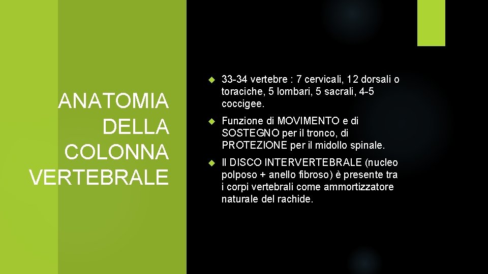 ANATOMIA DELLA COLONNA VERTEBRALE 33 -34 vertebre : 7 cervicali, 12 dorsali o toraciche,