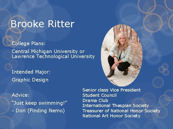 Brooke Ritter College Plans: Central Michigan University or Lawrence Technological University Intended Major: Graphic