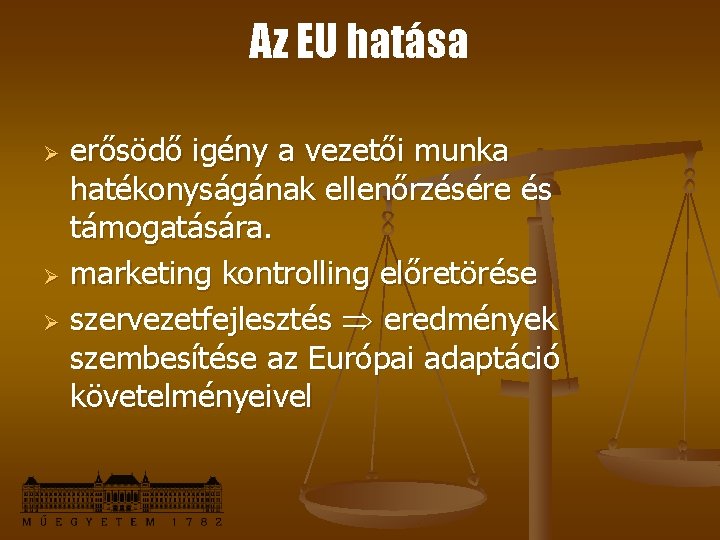 Az EU hatása erősödő igény a vezetői munka hatékonyságának ellenőrzésére és támogatására. Ø marketing