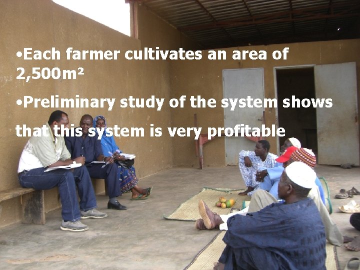 • Each farmer cultivates an area of 2, 500 m² • Preliminary study • Each farmer cultivates an area of 2, 500 m² • Preliminary study