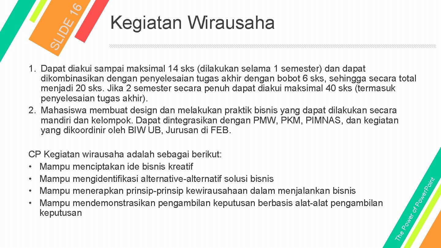 16 IDE SL Kegiatan Wirausaha 1. Dapat diakui sampai maksimal 14 sks (dilakukan selama