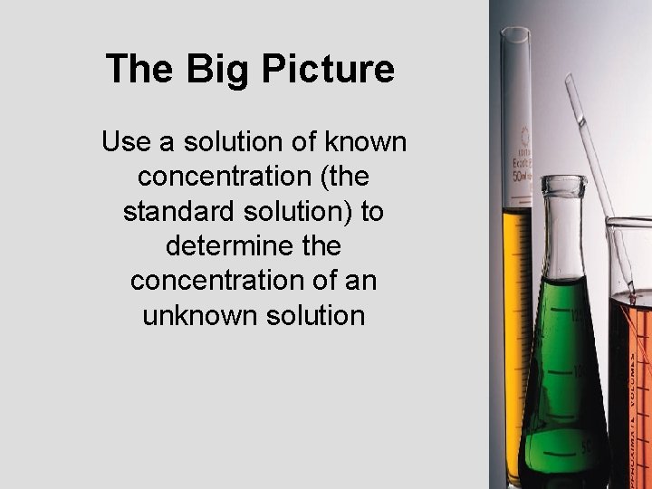 The Big Picture Use a solution of known concentration (the standard solution) to determine The Big Picture Use a solution of known concentration (the standard solution) to determine