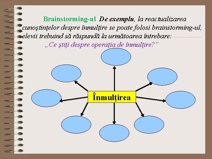 Brainstorming-ul De exemplu, la reactualizarea cunoştinţelor despre înmulţire se poate folosi brainstorming-ul, elevii trebuind