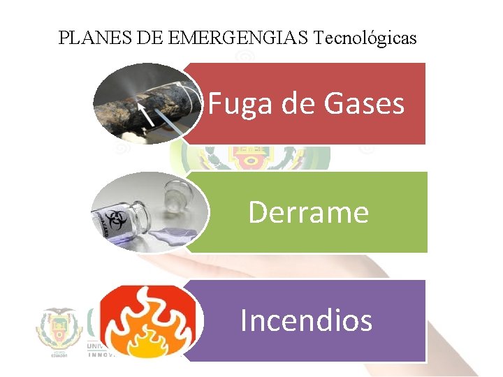 PLANES DE EMERGENGIAS Tecnológicas Fuga de Gases Derrame Incendios 
