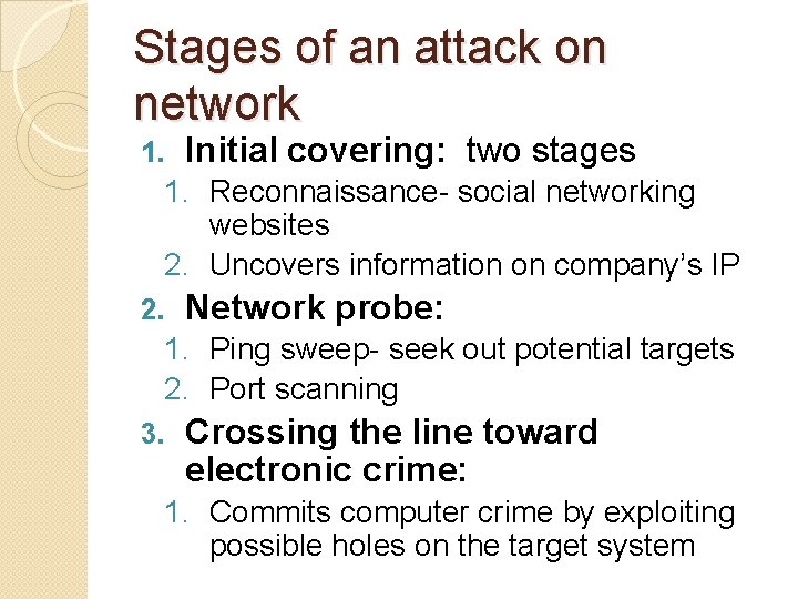 Stages of an attack on network 1. Initial covering: two stages 1. Reconnaissance- social