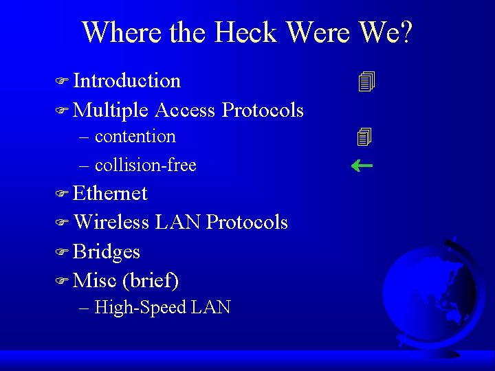 Where the Heck Were We? F Introduction F Multiple Access Protocols – contention –
