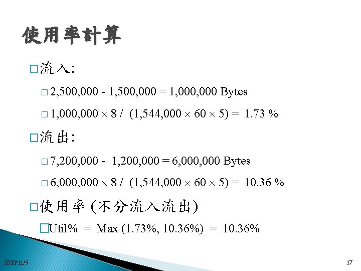 使用率計算 �流入: � 2, 500, 000 - 1, 500, 000 = 1, 000 Bytes