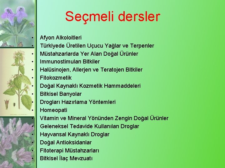 Seçmeli dersler • • • • Afyon Alkoloitleri Türkiyede Üretilen Uçucu Yağlar ve Terpenler