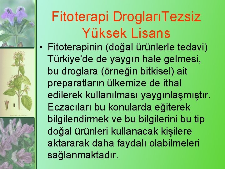 Fitoterapi DroglarıTezsiz Yüksek Lisans • Fitoterapinin (doğal ürünlerle tedavi) Türkiye'de de yaygın hale gelmesi,