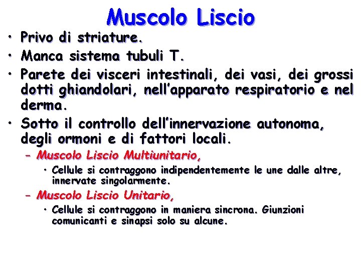  • • • Muscolo Liscio Privo di striature. Manca sistema tubuli T. Parete