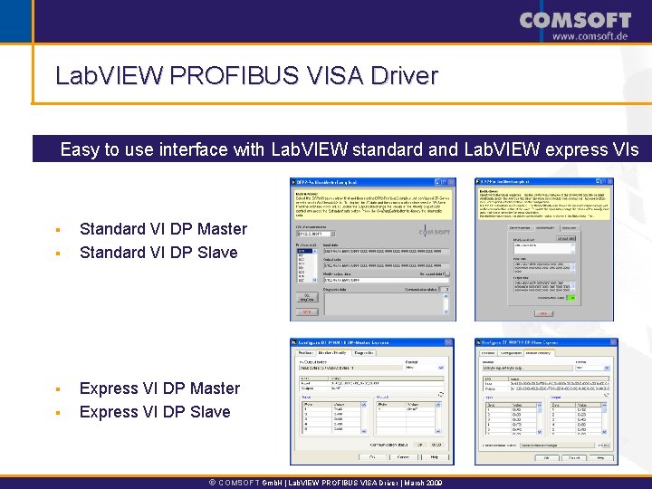 Lab. VIEW PROFIBUS VISA Driver Easy to use interface with Lab. VIEW standard and