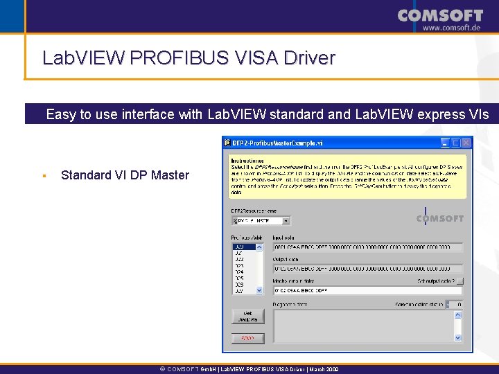 Lab. VIEW PROFIBUS VISA Driver Easy to use interface with Lab. VIEW standard and