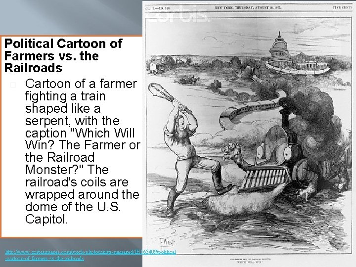 Political Cartoon of Farmers vs. the Railroads Cartoon of a farmer fighting a train