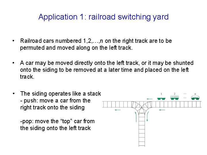 Application 1: railroad switching yard • Railroad cars numbered 1, 2, …, n on Application 1: railroad switching yard • Railroad cars numbered 1, 2, …, n on