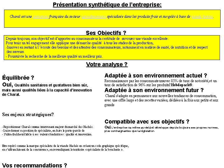 Présentation synthétique de l’entreprise: Charal est une entreprise française du secteur agroalimentaire spécialisée dans