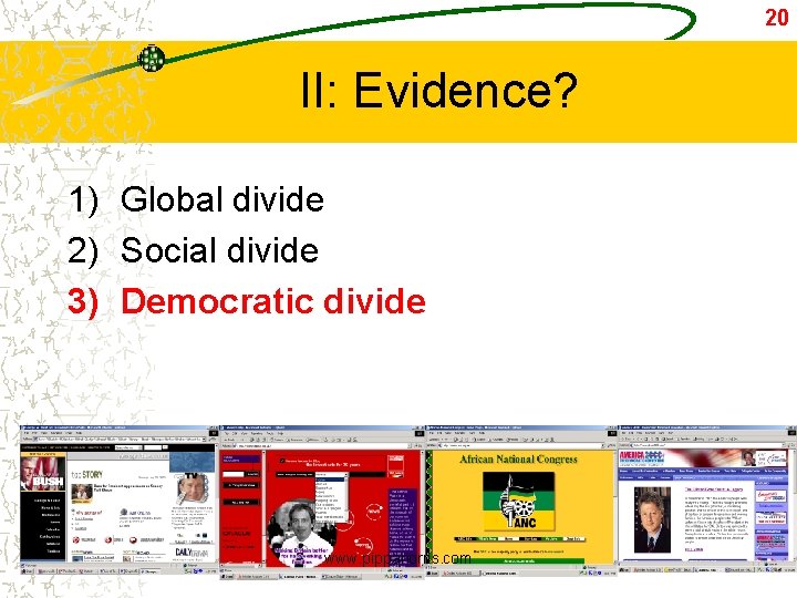 20 II: Evidence? 1) Global divide 2) Social divide 3) Democratic divide www. pippanorris.