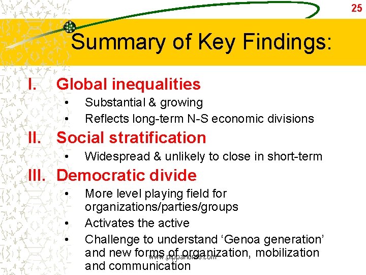 25 Summary of Key Findings: I. Global inequalities • • Substantial & growing Reflects