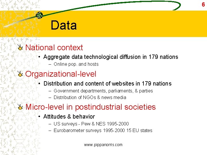 6 Data National context • Aggregate data technological diffusion in 179 nations – Online