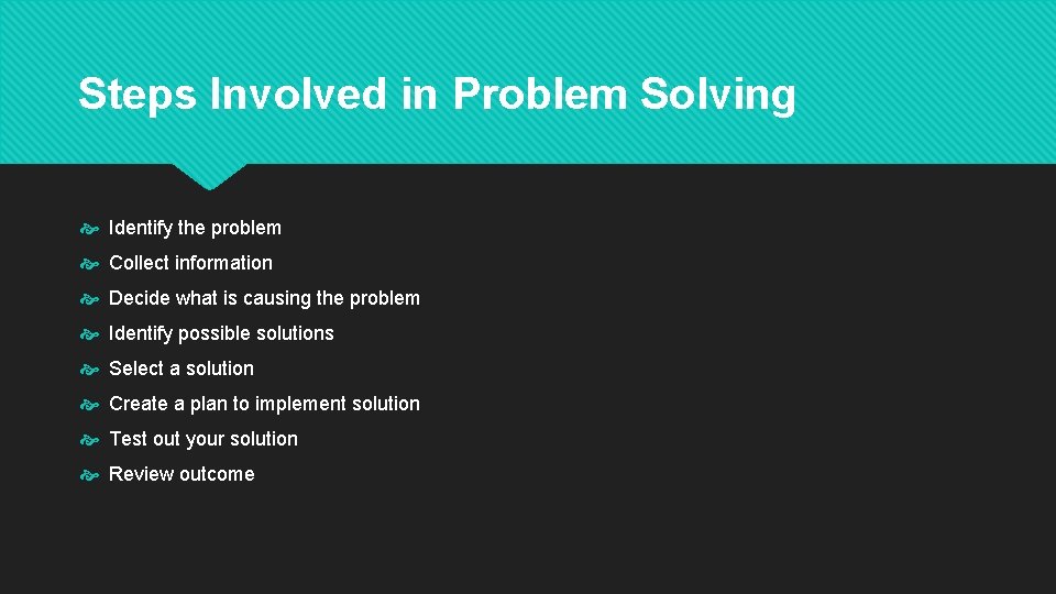 Steps Involved in Problem Solving Identify the problem Collect information Decide what is causing