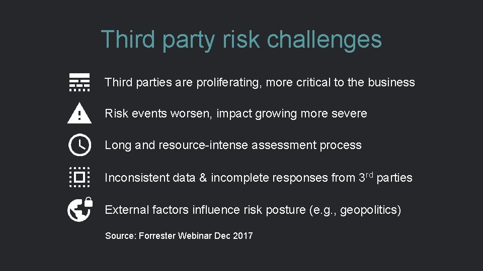 Third party risk challenges Third parties are proliferating, more critical to the business Risk