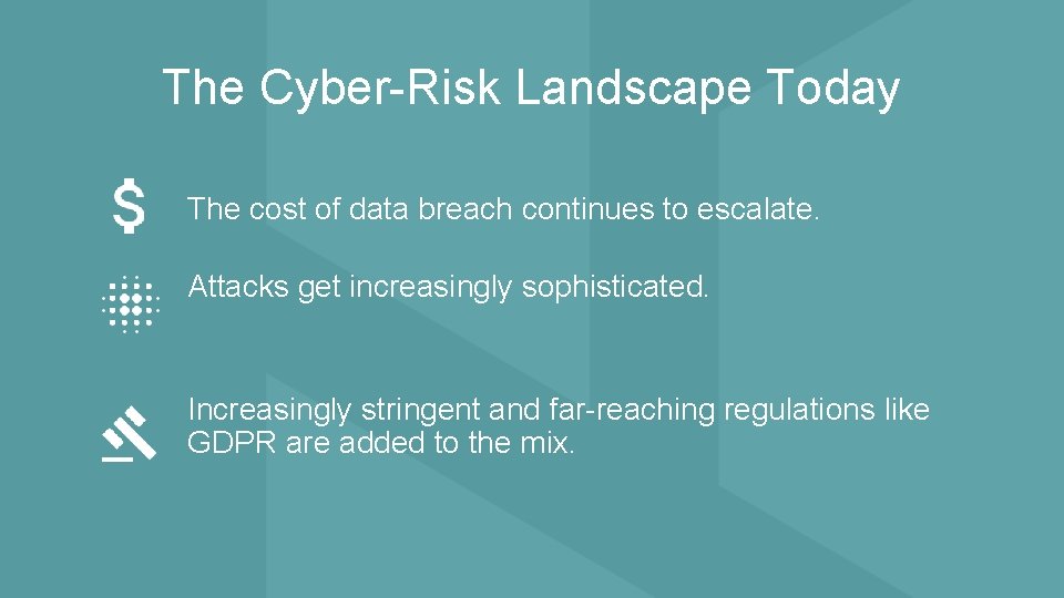The Cyber-Risk Landscape Today The cost of data breach continues to escalate. Attacks get